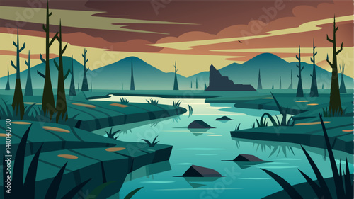 The flooded rice field was now a silent eerie landscape its still waters hiding the chaos that lay beneath the surface ruined crops and ruined livelihoods.. Vector illustration