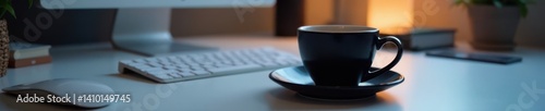 Sleek black coffee cup on a minimalist desk surrounded by high-tech gadgets, modern, tech