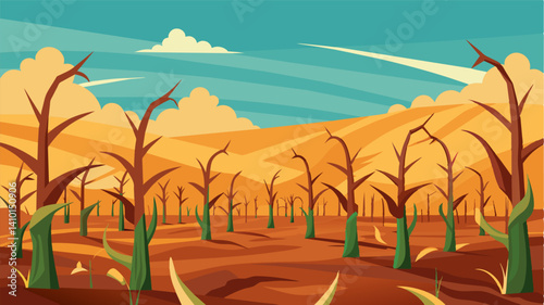 As far as the eye could see the barren field was littered with lifeless stalks of corn a stark reminder of a failed harvest season.. Vector illustration