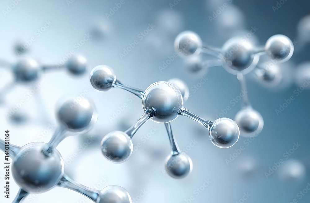 Obraz premium A close-up view of molecular structures showcasing interconnected atoms in a serene blue environment, representing the essence of scientific innovation.