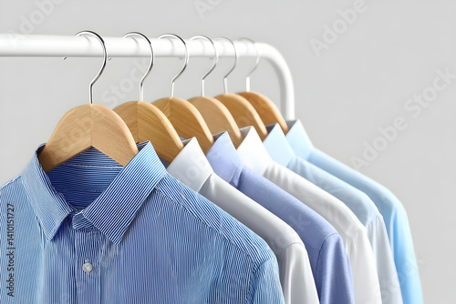 A collection of neatly hung dress shirts in light colors, showcasing a stylish and organized wardrobe. Perfect for fashion and lifestyle enthusiasts.