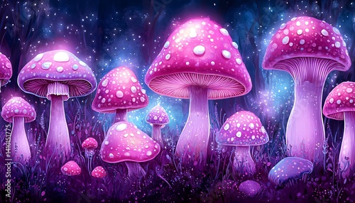 Magical mushrooms glow forest scene