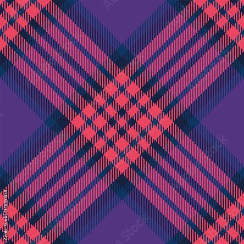 Network textile pattern plaid, contour seamless check tartan. Manufacture vector fabric background texture in violet and red colors.