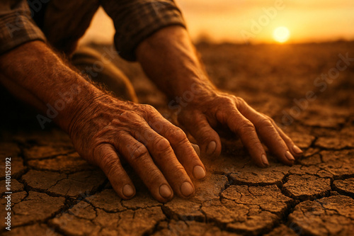 Aged Hands Touching Cracked Earth Symbolizing Drought and Hardship
