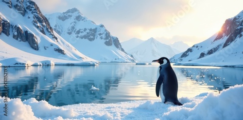 Snowy landscape with a lone penguin standing at the edge of a frozen lake, penguins, icy mountains