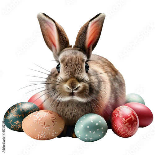 Easter bunny and painted eggs on transparent background