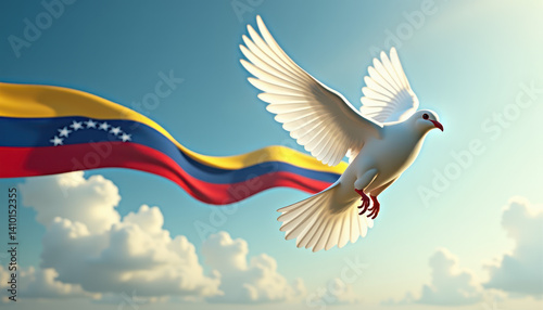 A white dove soars gracefully in front of the Venezuelan flag with yellow, blue, and red stripes, symbolizing peace and freedom, set against a clear sky with soft white clouds