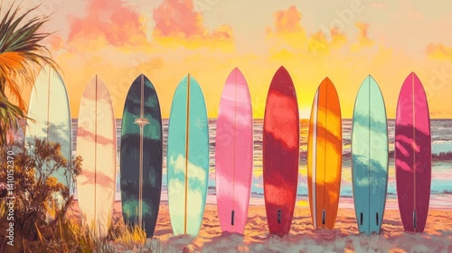 Colorful surfboards lined up on beach at sunset (1)