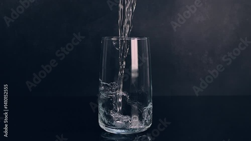 Carbonated mineral water flowing into a glass on black background. Healthy and fresh water. Slow motion