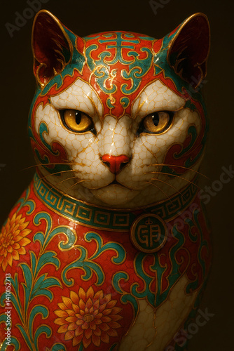 Ornate Porcelain Cat with Intricate Red and Green Decorative Pattern
