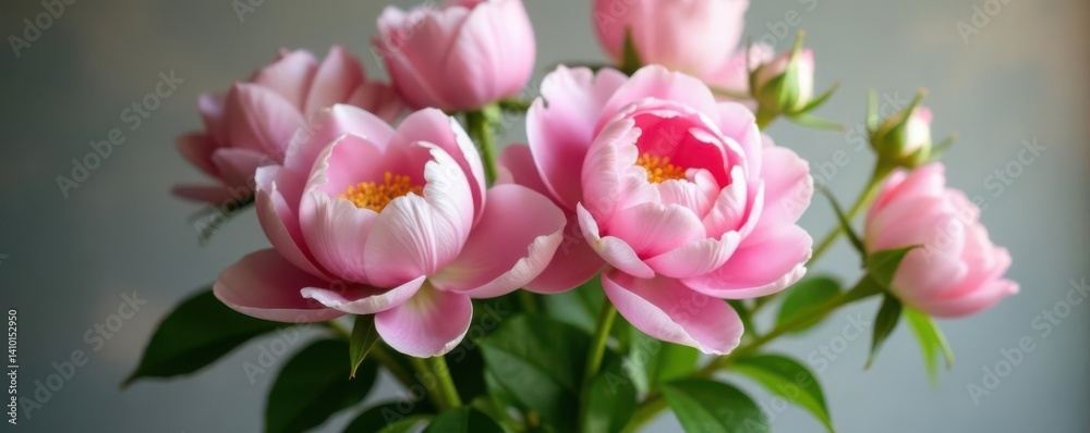 Fototapeta premium Soft pink peonies and roses in a vase with delicate stems and lush greenery , floral arrangement, bouquet