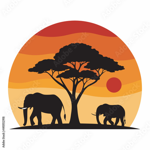 African sunset with elephants and tree silhouettes
