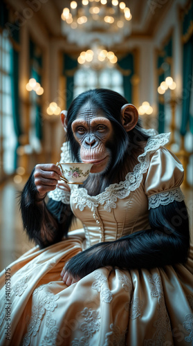 Cinematic Portrait of Dressed Chimpanzee in Ornate Palace Setting
