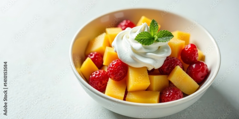 A refreshing summer fruit salad with juicy melon cubes, sweet raspberries, and a dollop of creamy whipped topping, perfect for a light dessert or snack. A refreshing summer fruit salad with juicy melon cubes, sweet raspberries, and a dollop of creamy whipped topping, perfect for a light dessert or snack.