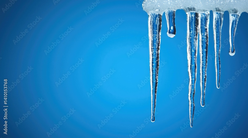 Icicles hanging from a ledge against a bright blue background, creating a stunning winter scene filled with frozen beauty and the essence of a cold season.