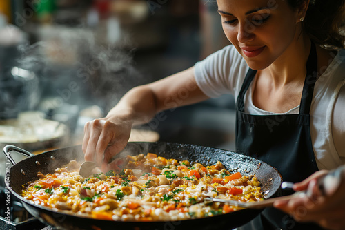 Fototapeta Naklejka Na Ścianę i Meble -  Latin woman skillfully prepares traditional paella in her cozy kitchen