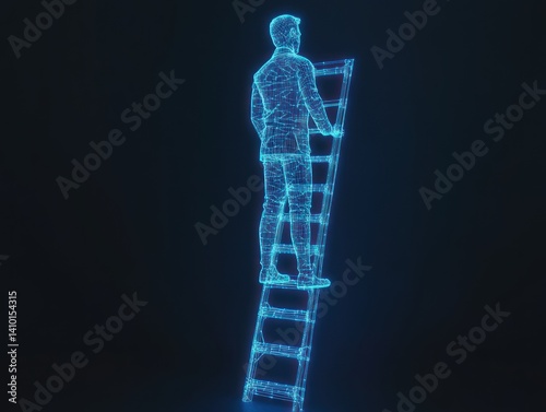 Digital Ascent: A Man Climbing a Ladder of Success
