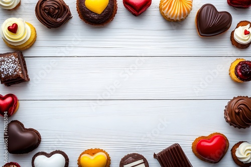 Valentine's Day Sweets Border White Wood Background