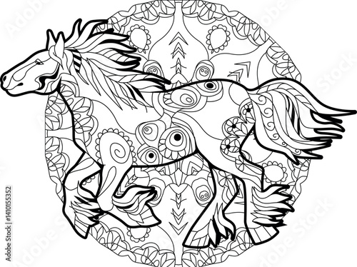 Zentangle galloping horse on mandala. Hand drawn decorative vector illustration for coloring.