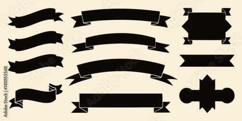 Collection of retro black silhouette design assets (ribbons, banners, etc.) on light background, column format.