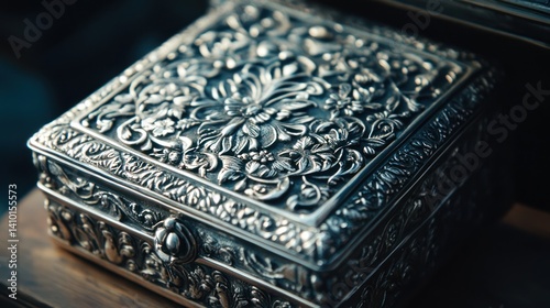 Ornate, silver-plated jewelry box with intricate carvings.