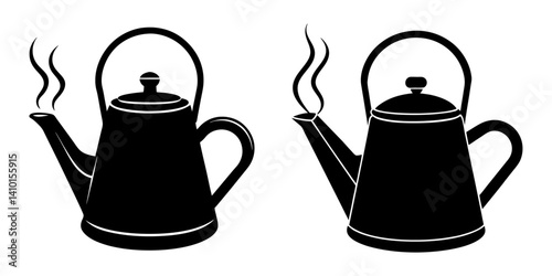 Linocut silhouette of a kettle boiling, crisp steam spout, high contrast