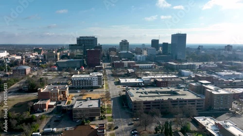 Morning aerial footage of the streets, buildings and skyline of Columbia, SC.