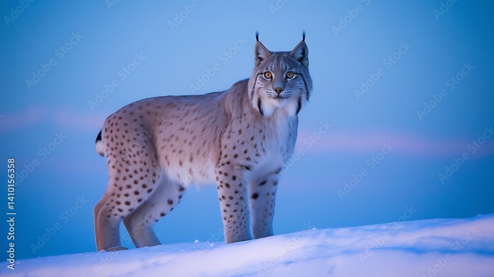 Fototapeta premium Lynx Standing Still on Snowy Cliff with Wind in Fur, Overlooking Landscape Below for a Bold, Majestic Wild Animal Portrait