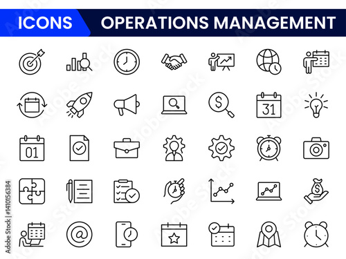 Operations management icon set. Containing production, logistics, supply chain, manufacturing, planning, inventory management, strategy, customer satisfaction and cost icons