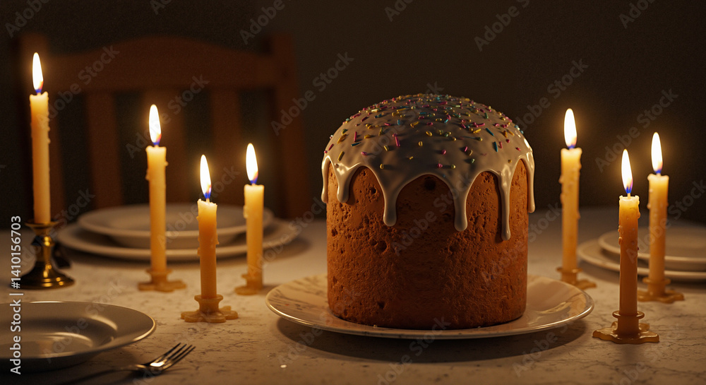 Easter cake with candles on a festive table