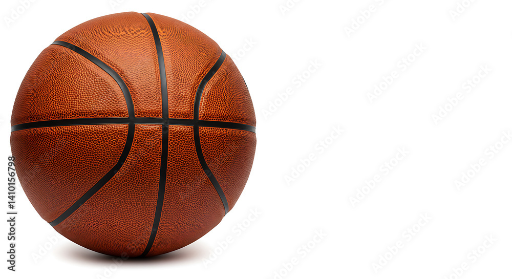 Obraz premium Orange-brown basketball with a sporty textured surface, on a white background for sports and basketball promotions.