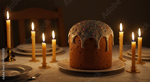 Obraz na płótnie Easter cake with candles on a festive table w salonie
