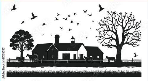 Farmhouse Landscape Silhouette With Horses Birds And Trees Vector Illustration