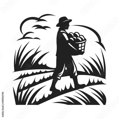 Farmer Walking Carrying a Basket