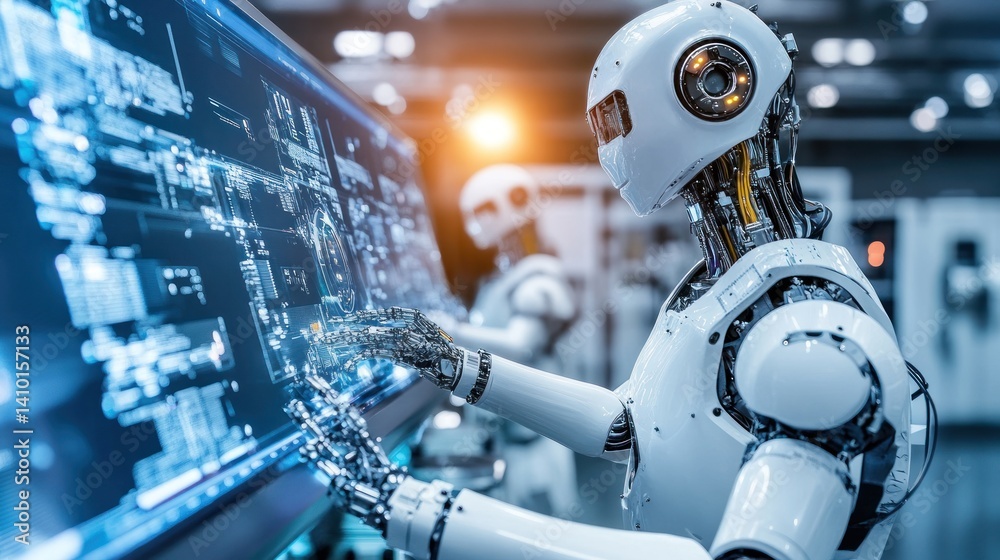 Fototapeta premium Advanced Robotics: Humanoid Robots Interacting with Futuristic Technology