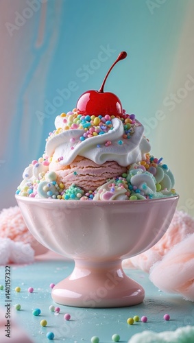 Colorful Ice Cream Dessert with Cherry on Top in Fantasy Setting

