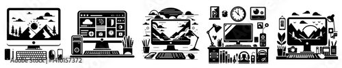 A vector collection of a computer on a work desk with a natural landscape on the screen, depicting a comfortable, creative and nature-inspired working atmosphere.