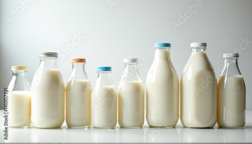 A row of eight glass milk bottles of varying sizes and shapes, filled with milk, each topped with a different colored cap. This image celebrates 