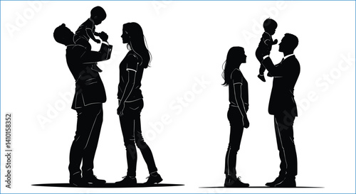 Happy Family Silhouettes Fathers Holding Children Black And White Vector Illustration