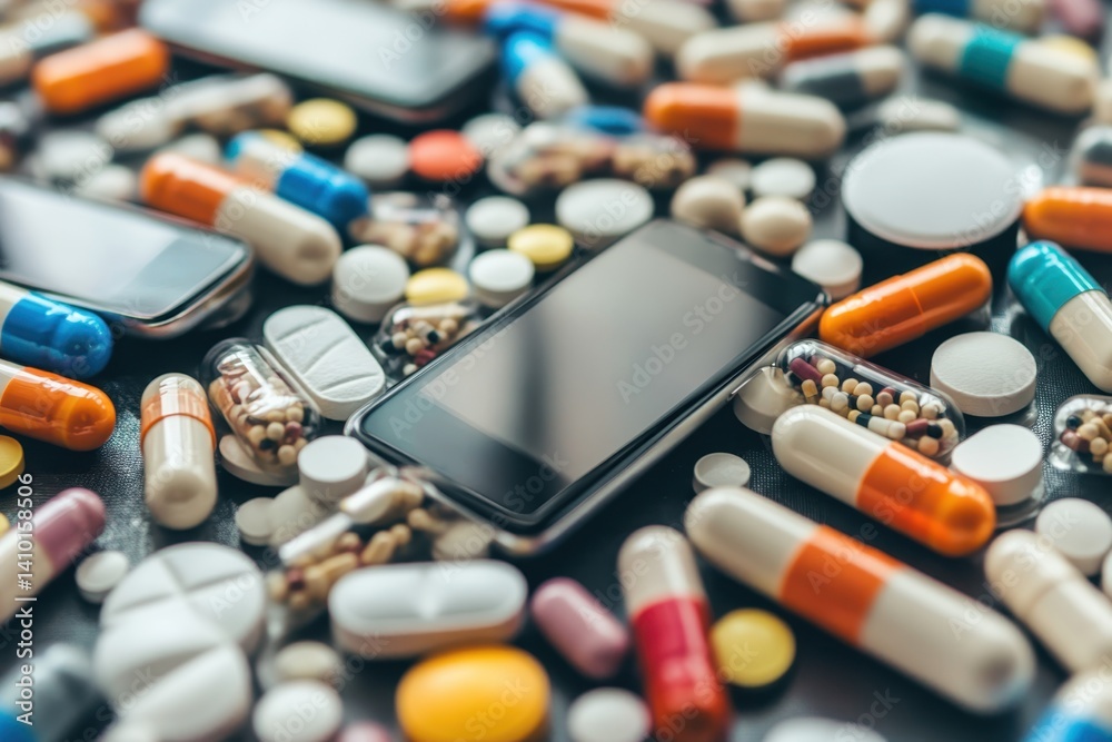 Stacked pills and smartphone create a contrasting yet intriguing display of modern life