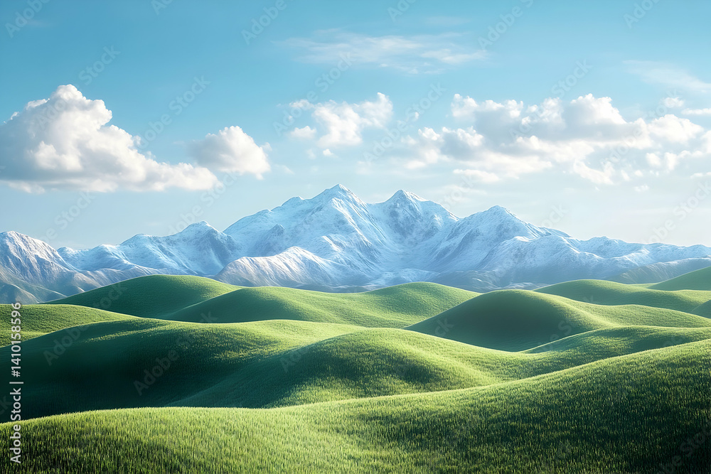 Fototapeta premium Lush green hills meet snowy mountain peaks under a bright sky.