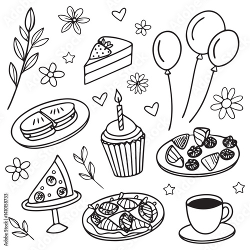 Hand drawn food, candles, drinks and decor doodles vector illustration