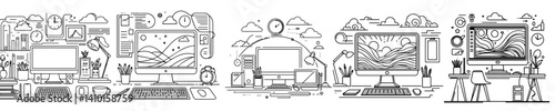 A vector collection of a computer on a work desk with a natural landscape on the screen, depicting a comfortable, creative and nature-inspired working atmosphere.