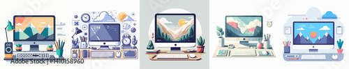 A vector collection of a computer on a work desk with a natural landscape on the screen, depicting a comfortable, creative and nature-inspired working atmosphere.