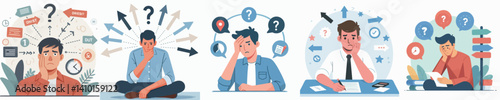 A vector collection of people looking overwhelmed with too many thoughts or information, depicting stress, mental pressure, or overthinking.