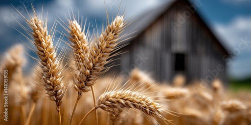 Golden wheat stalks stand tall in a rustic barn's shadow, their ripe grains promising a bountiful harvest in the sun-drenched field.