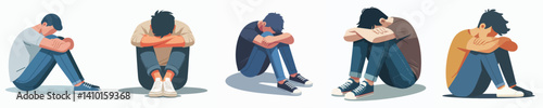 A vector collection of a person sitting looking down with a sad expression, reflecting feelings of despair or loneliness.