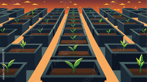 The absence of life in the rows of empty seedling trays was a haunting reminder of the dire consequences of a failed planting season foreshadowing a difficult year ahead.. Vector illustration