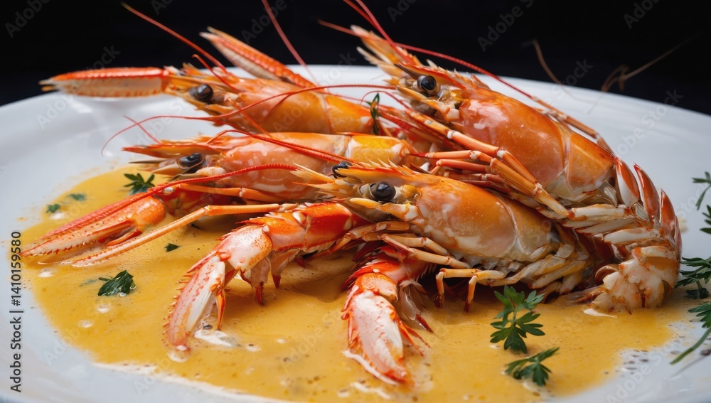 Gourmet seafood dish featuring jumbo prawns in garlic butter sauce with herbs, perfect for culinary inspiration and fine dining enthusiasts Gourmet seafood dish featuring jumbo prawns in garlic butter sauce with herbs, perfect for culinary inspiration and fine dining enthusiasts