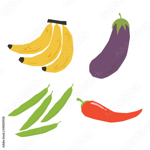 Cute Food and Veggies Ingredient Set in Messy Flat Cutout Style